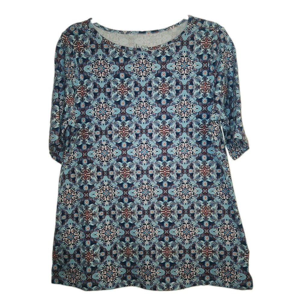 Denim & Co Mosaic Tile Floral Elbow Sleeve Tunic. MEDIUM
